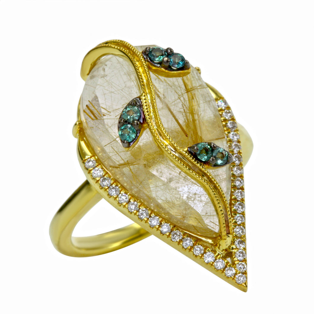 Alexandrite,Rutilated Quartz & White Diamonds Ring Set in 18kt Yellow Gold