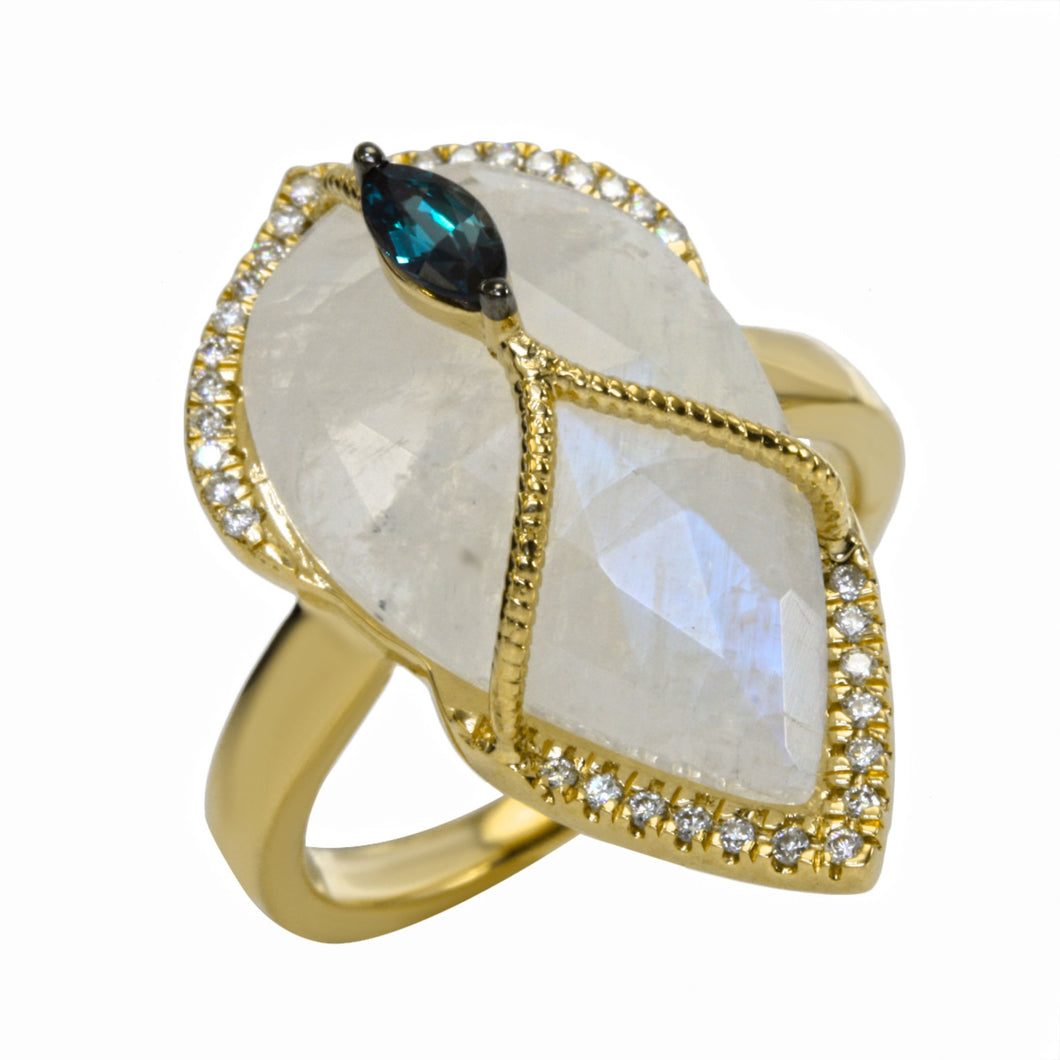 Alexandrite,Moon Stone & White Diamonds Ring Set in 18kt Yellow Gold